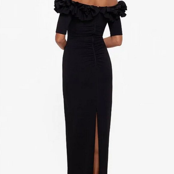 Xscape | Ruffled Off-the-Shoulder Elbow Length Sleeve Crepe Sheath Gown | Sz 16 - Picture 4 of 8